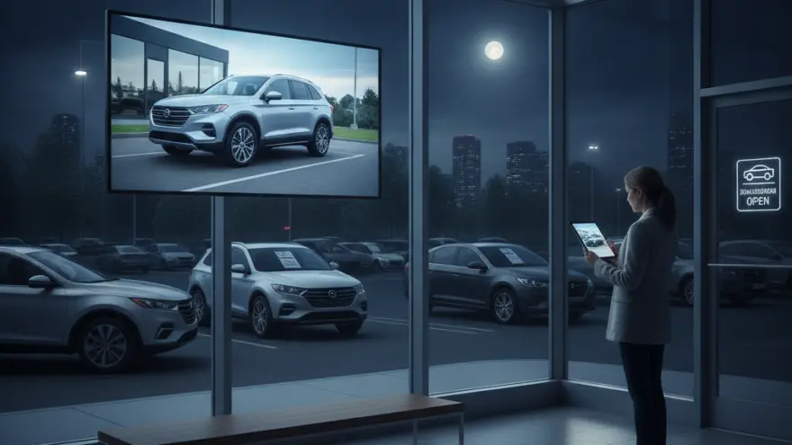 A woman stands inside a car dealership showroom at night, looking at a tablet, with a large screen displaying an SUV and a parking lot full of cars visible through the windows.
