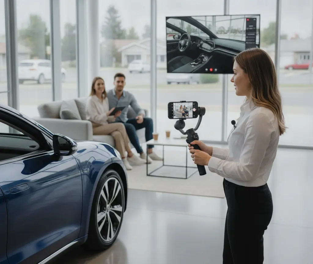A woman uses a smartphone on a gimbal to record a video in a car showroom, with a blue car in the foreground and a couple sitting on a couch in the background.