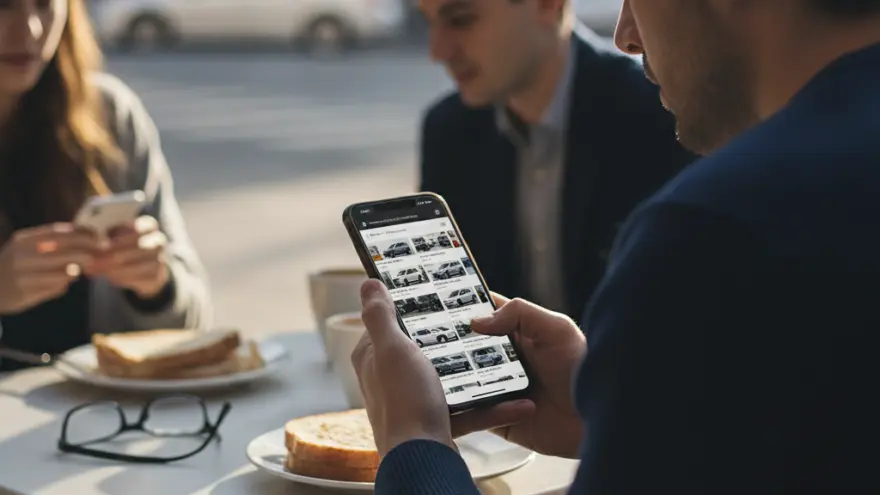 A man at an outdoor cafe table looks at a smartphone displaying a grid of car listings while sitting with two other people.