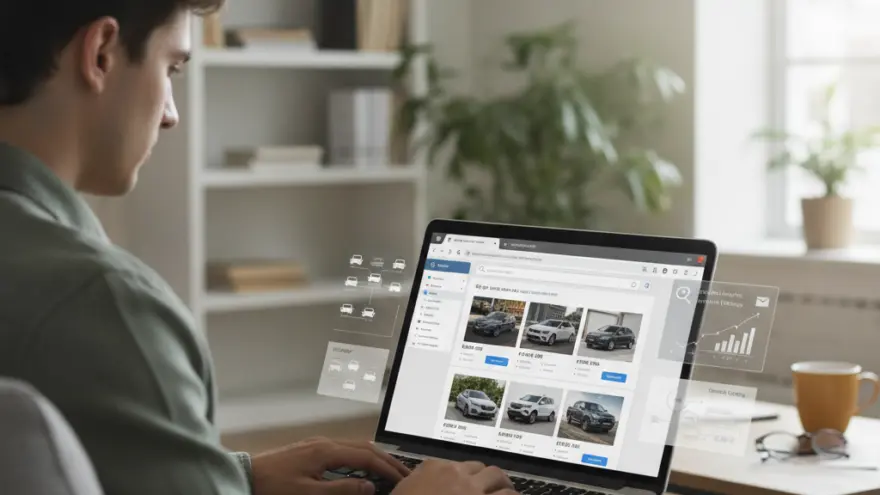A man sits on a sofa using a laptop to browse a website displaying various cars for sale.