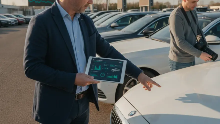 A man in a blue blazer holds a tablet and points to a white car on a dealership lot while another man with a camera stands nearby.