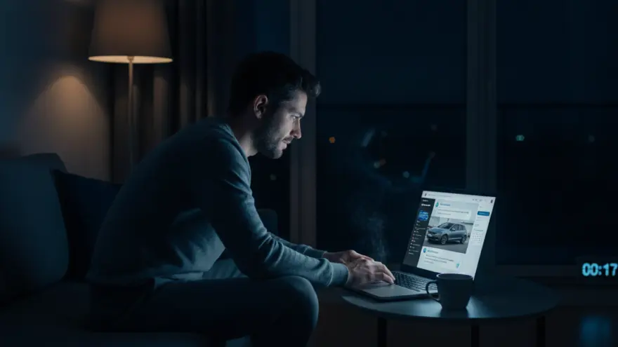 A man sits on a sofa at night looking at a laptop screen showing a car on a website.