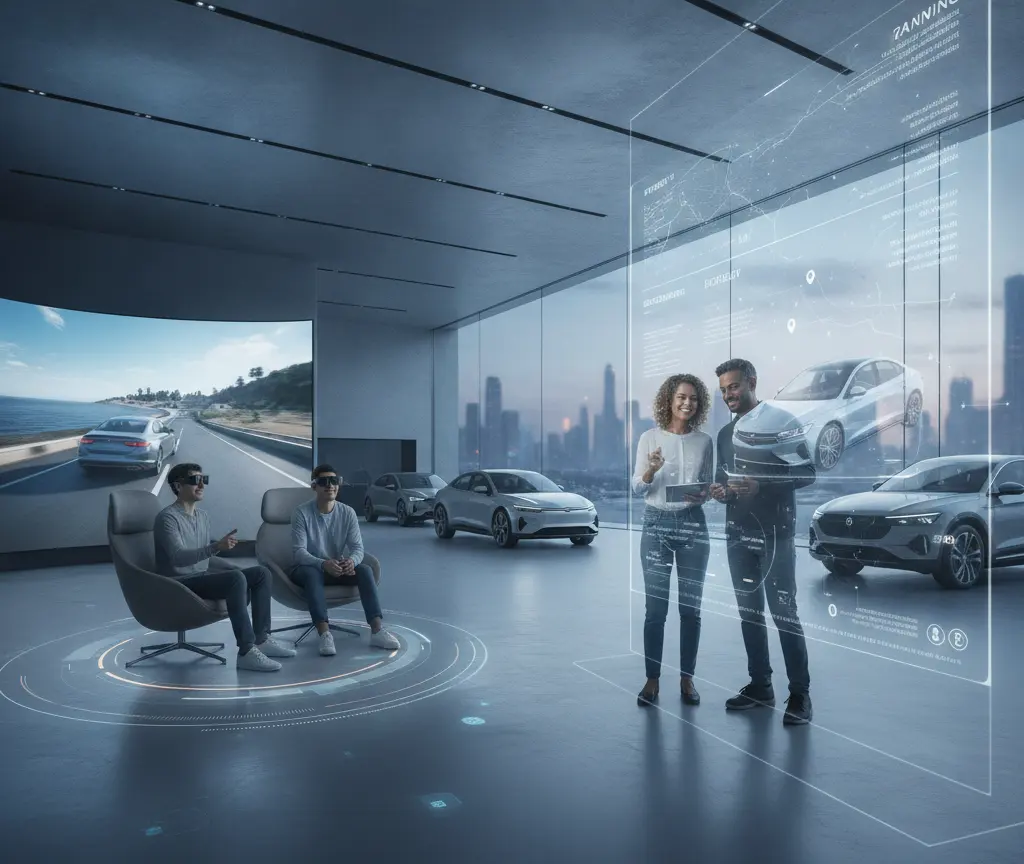 Two men wearing virtual reality headsets sit in chairs looking at a large screen showing a car on a road, while a man and a woman stand nearby looking at a large transparent digital display showing car data in a modern showroom with several cars.