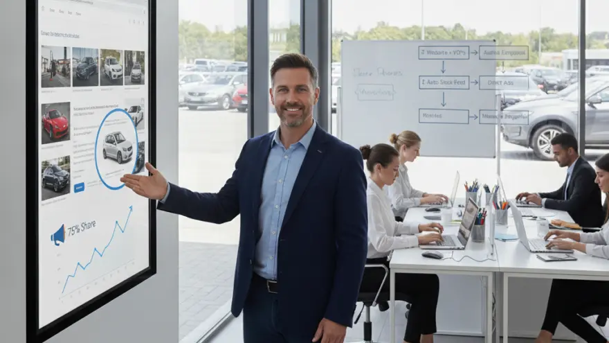 A smiling man in a blue blazer gestures toward a large digital screen displaying car listings, while other office workers use laptops in the background.