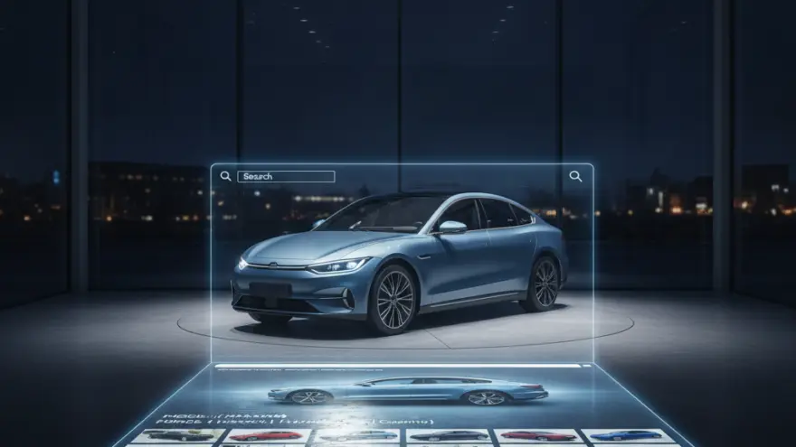 A blue electric sedan is displayed inside a showroom with a futuristic digital interface projected on the floor in front of it.