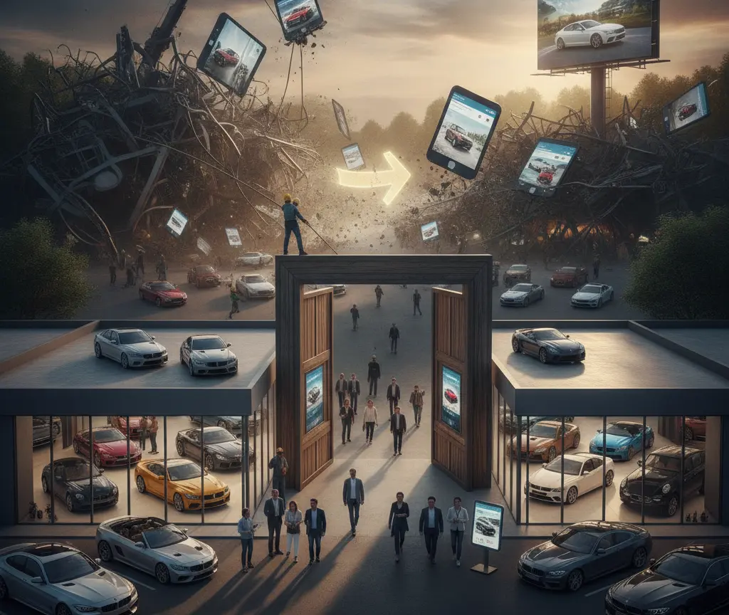 A digital illustration depicting a modern car dealership with people walking through an open wooden gate, surrounded by cars and floating screens showing vehicle images.