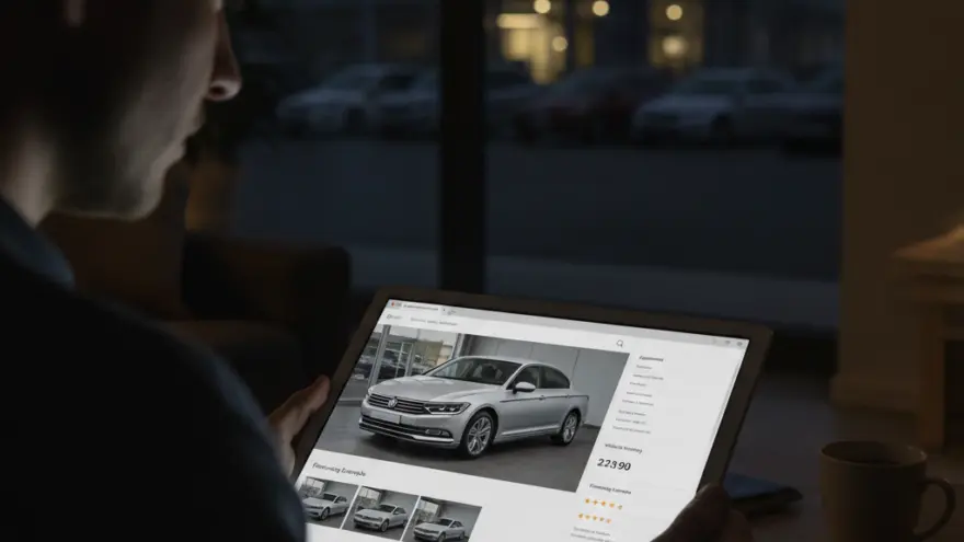 A man looks at a silver sedan on a tablet screen at night, with a car dealership lot visible through the window in the background.