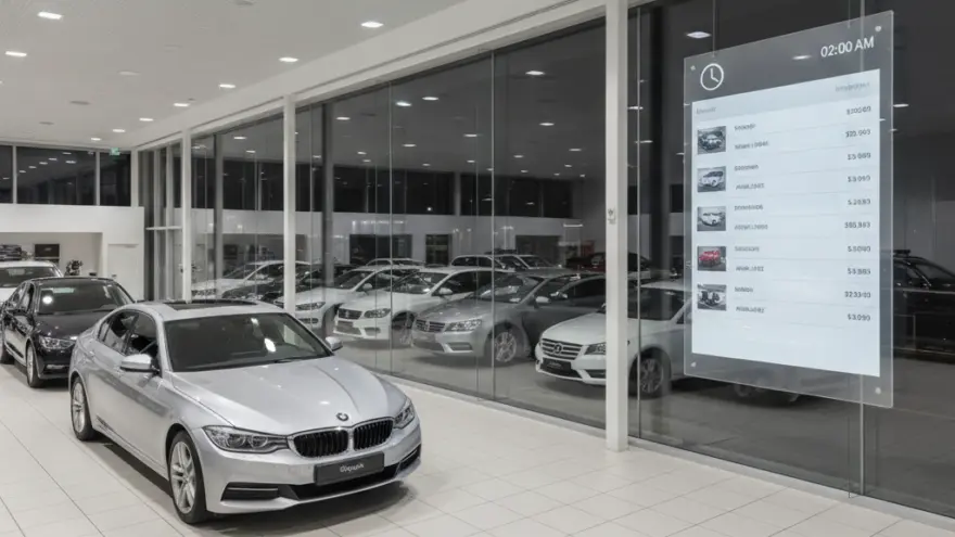 A silver sedan parked inside a brightly lit car dealership showroom with other vehicles visible behind glass windows.