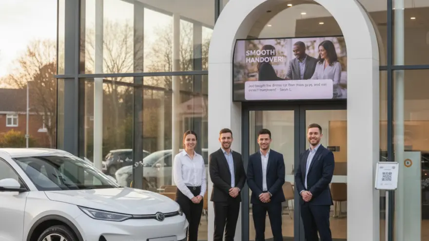 Four dealership employees stand smiling next to a white electric SUV parked in front of a modern glass showroom.