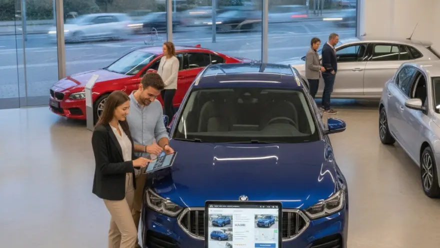 A salesperson and a customer look at a tablet next to a blue car in a bright car dealership showroom.