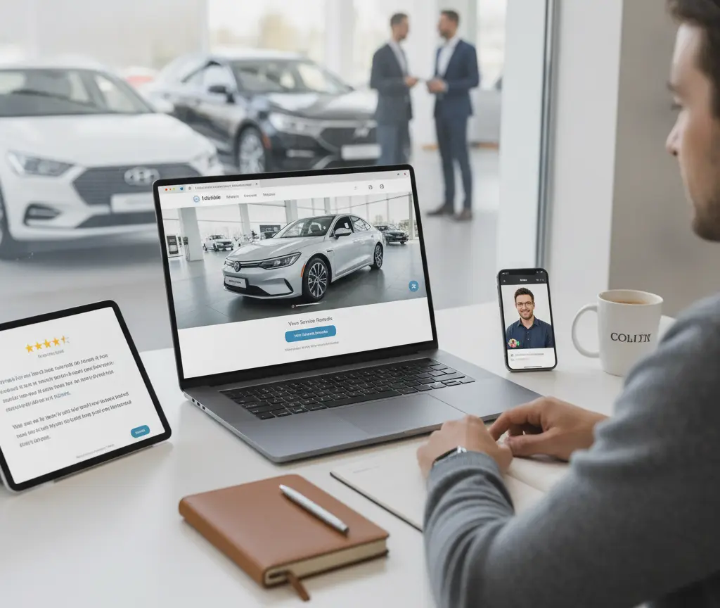 A man sits at a desk looking at a laptop displaying a car website, with a tablet, smartphone, notebook, and coffee mug nearby, while cars and two men in suits are visible in the background.