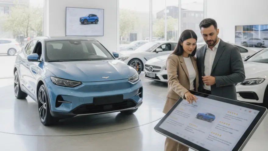 A man and a woman look at an interactive screen displaying car information inside a bright car dealership showroom with a blue electric car in the background.