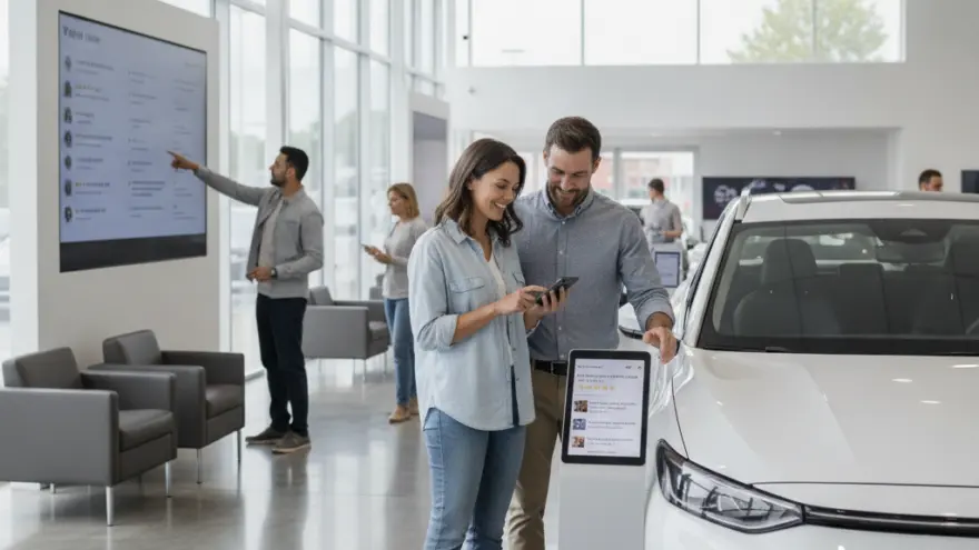 A smiling couple looks at a smartphone next to a white car in a bright car dealership showroom.