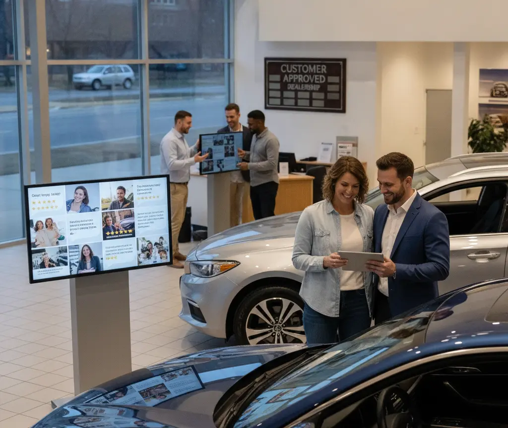 A smiling man in a suit and a woman in a denim shirt look at a tablet together in a car dealership showroom near several cars.