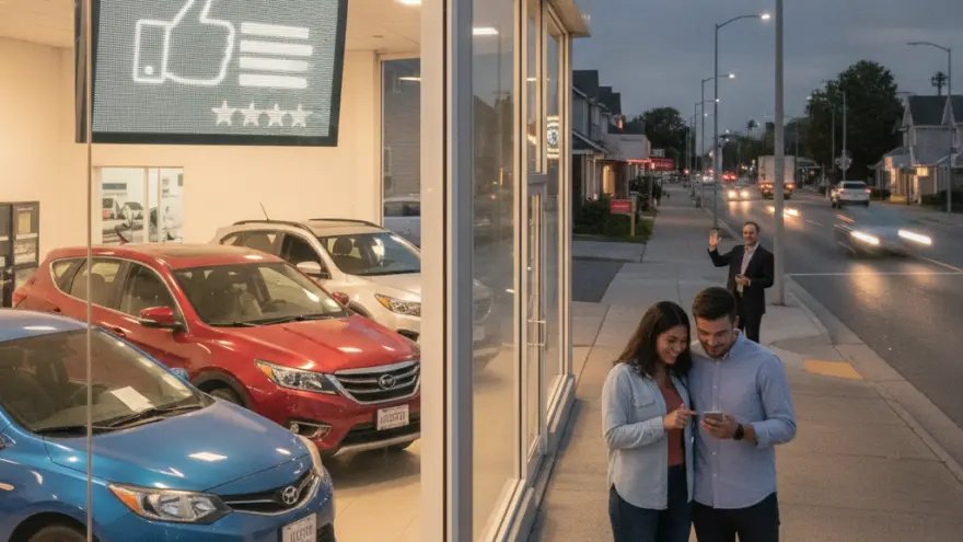 A couple stands on a sidewalk looking at a smartphone next to a car dealership showroom displaying a blue and a red car.