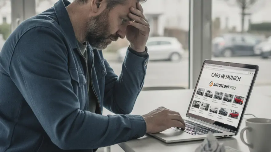 A man sits at a desk with his hand on his forehead while looking at a laptop screen displaying car listings.
