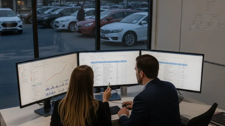 A man and a woman sit at a desk looking at three computer monitors displaying data, with a car lot visible through the window behind them.