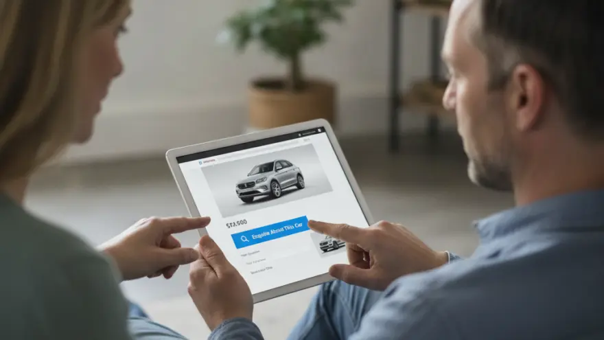 A man and a woman sit on a couch while looking at a tablet displaying a car listing.