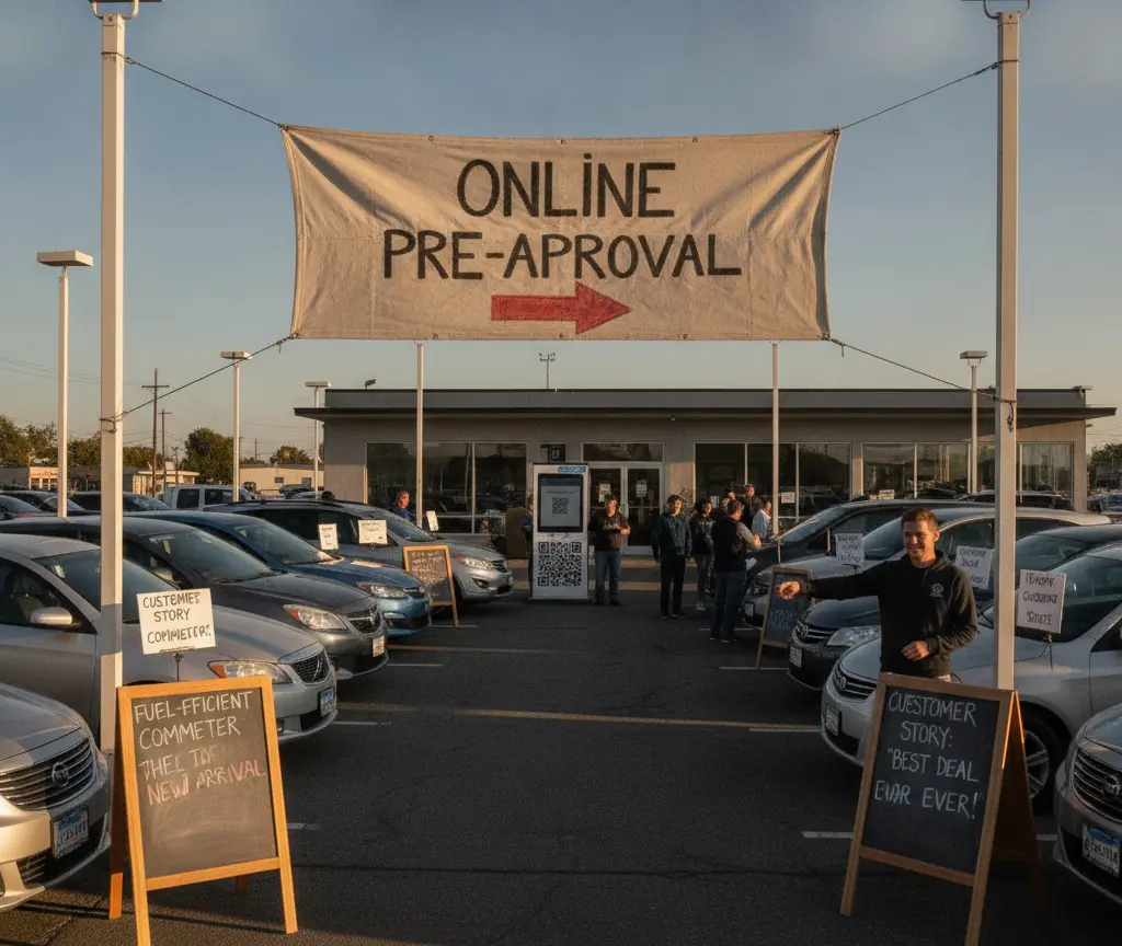 A car dealership lot filled with vehicles, featuring a large banner overhead and small chalkboard signs in the foreground.