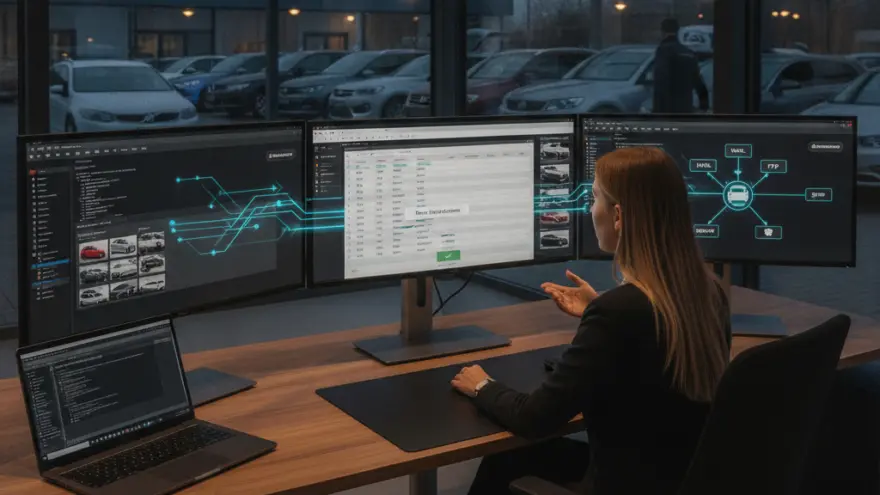 A woman sits at a wooden desk with three large monitors and a laptop, looking at data screens with a car lot visible through the window behind her.