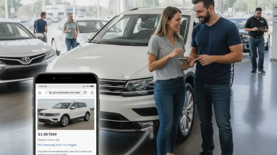 A smiling man and woman stand in a car dealership showroom looking at a smartphone, with a large graphic of a smartphone displaying a car listing in the foreground.