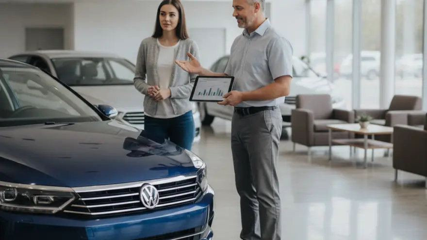 A salesman shows a tablet with charts to a female customer standing next to a blue car in a dealership showroom.