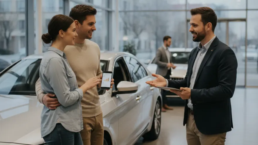A smiling couple looks at a smartphone while talking to a car salesman holding a tablet in a dealership showroom.