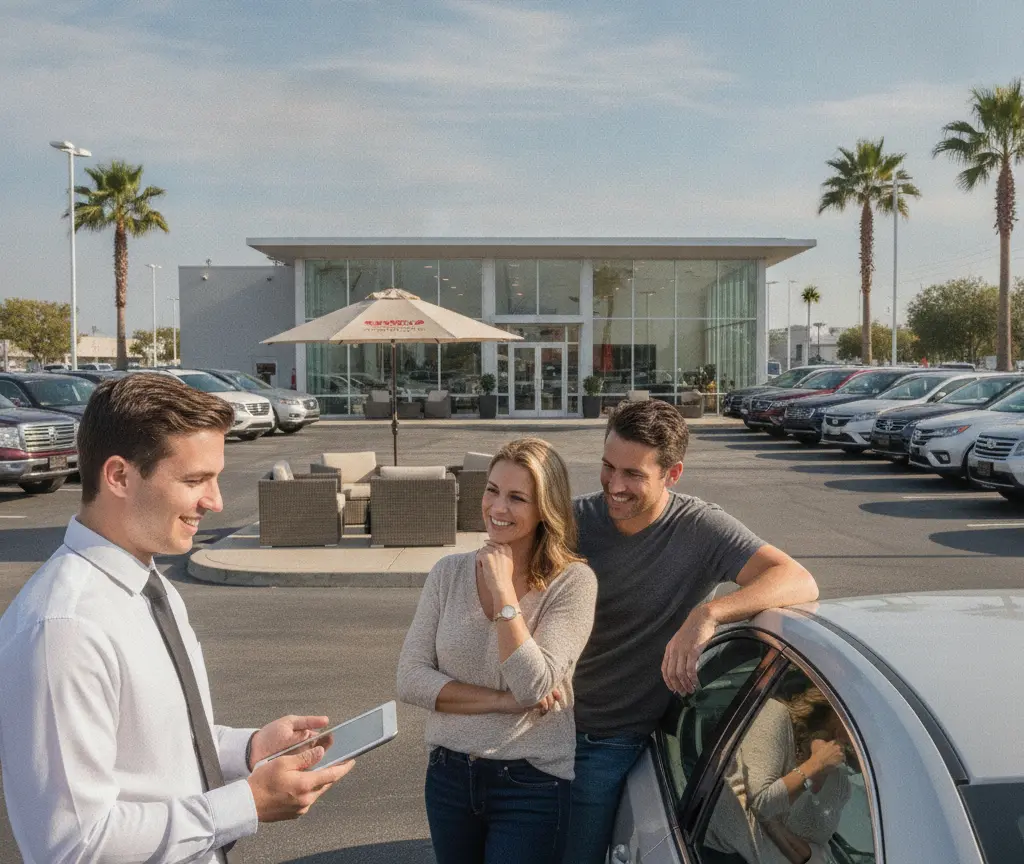 A car salesman in a white shirt and tie holds a tablet while talking to a smiling couple leaning against a silver car in a dealership lot.