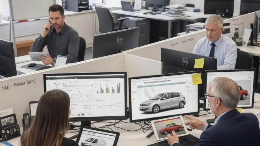 Office workers sit at desks with computer monitors displaying charts and car images in a bright office space.