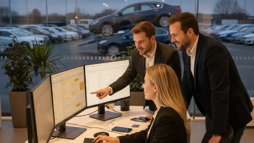 Two men in suits stand and look at computer monitors while a woman in a suit sits at the desk typing, with a car lot visible through the window behind them.