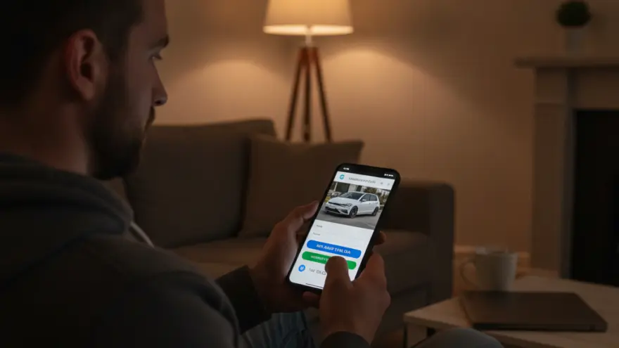 A man sits on a couch in a dimly lit living room while looking at a white car on his smartphone screen.