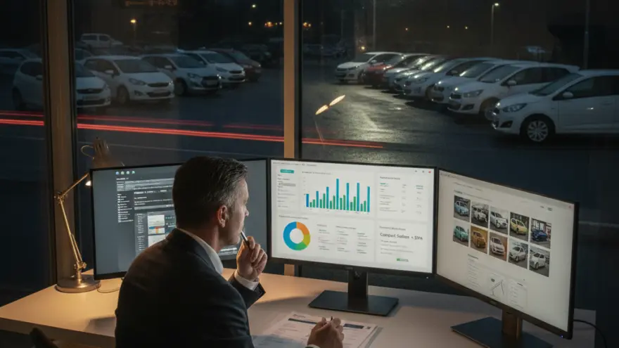 A man in a suit sits at a desk with three computer monitors displaying charts and car listings, looking out a window at a car dealership lot at night.