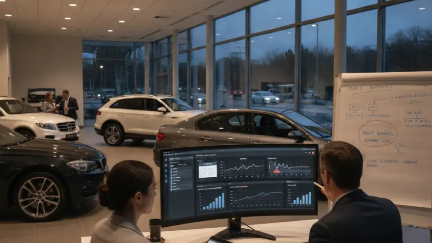 A man and a woman in business attire sit at a desk in a car showroom looking at a large curved monitor displaying data charts.