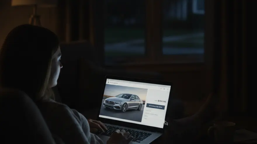A woman sits on a couch in a dimly lit room, looking at a silver sedan on her laptop screen.