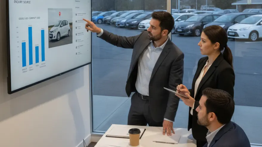 A man in a suit points to a large screen displaying charts and a car image during a meeting with two colleagues in an office overlooking a car lot.