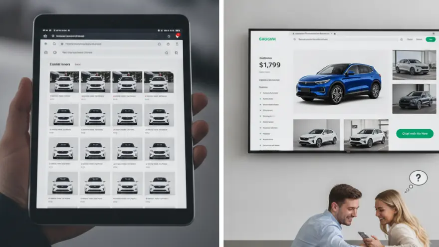 A split image showing a hand holding a tablet displaying a car inventory on the left, and a couple looking at a smartphone in front of a wall-mounted TV displaying a car listing on the right.