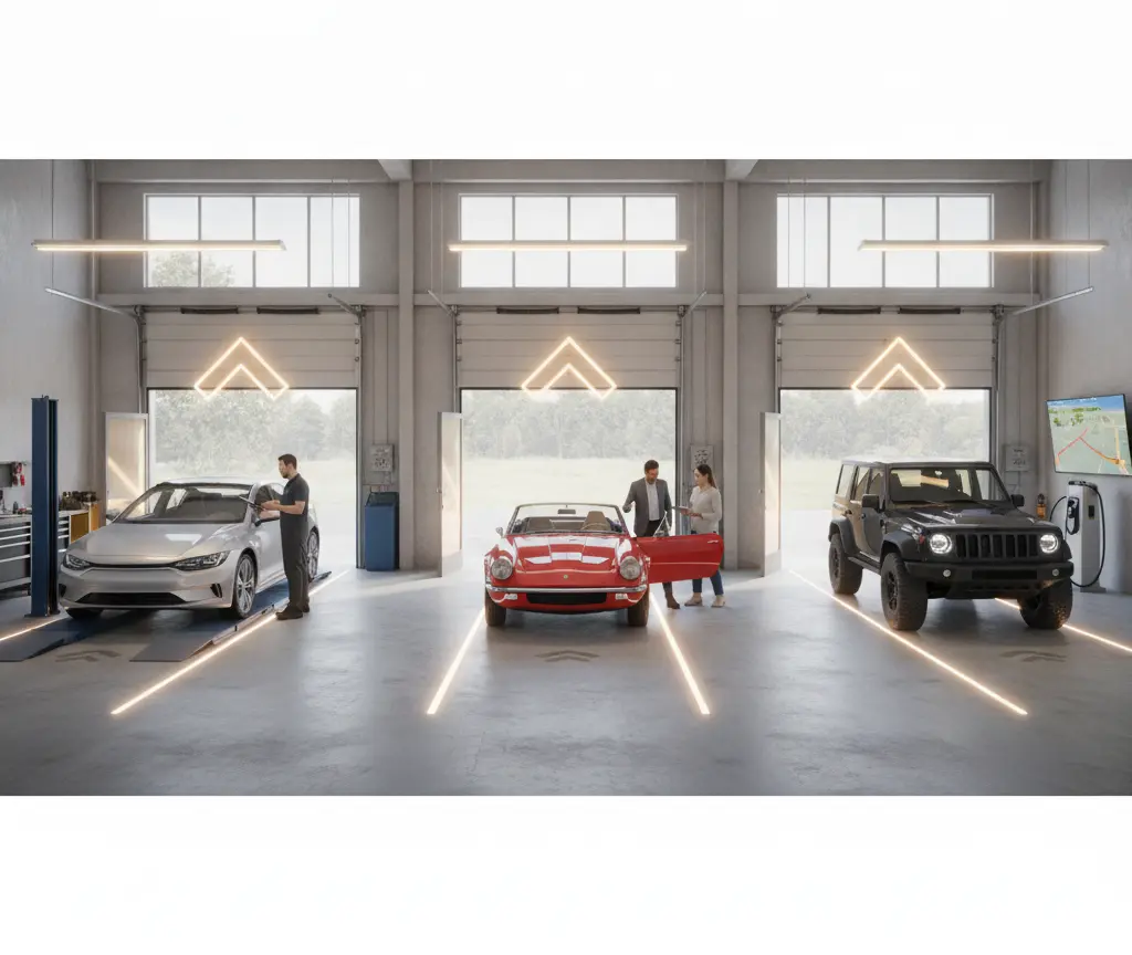 Drei verschideni Autos stönd inere moderne Garage mit offene Tor, während Lüt dervo reded und d Fahrzüg inspiziered.