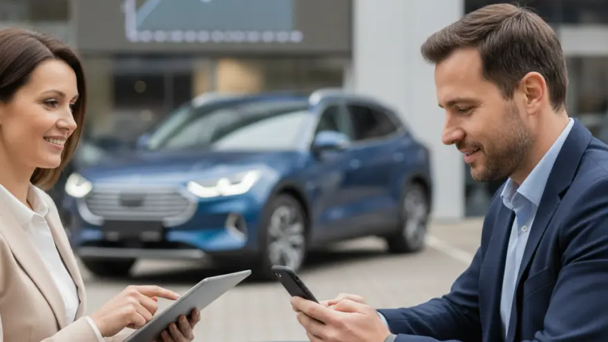 A woman using a tablet and a man using a smartphone sit at an outdoor table in front of a blue SUV and a screen showing an upward-trending graph.