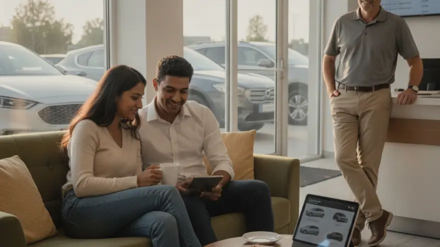 A smiling couple sits on a green sofa looking at a tablet, while a salesman stands nearby in a car dealership showroom.