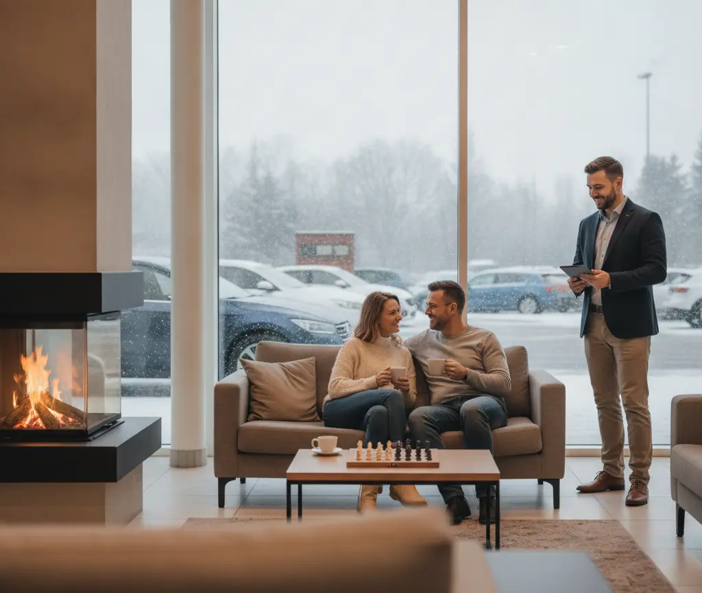 A smiling couple sits on a couch holding mugs near a fireplace while a man in a blazer stands nearby holding a tablet, with snowy cars visible through a large window behind them.