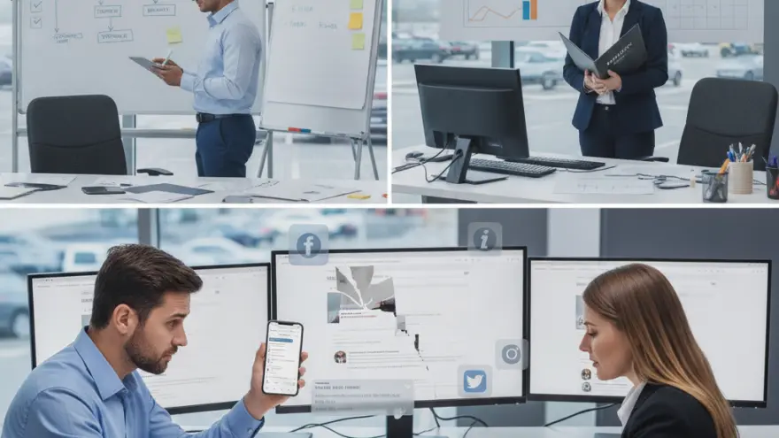 A collage of three images showing office workers analyzing data on whiteboards, computer screens, and a smartphone.