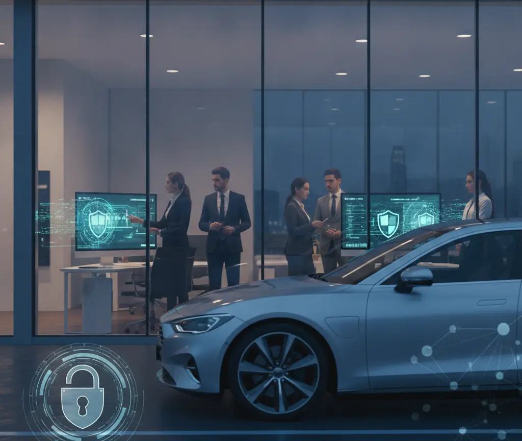 A silver sedan parked outside a modern glass office building where people in business attire look at computer screens displaying security graphics.