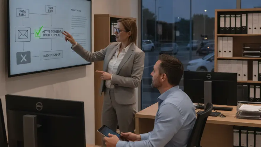 A woman in a grey suit points to a diagram on a large screen while a man in a blue shirt sits at a desk and watches.