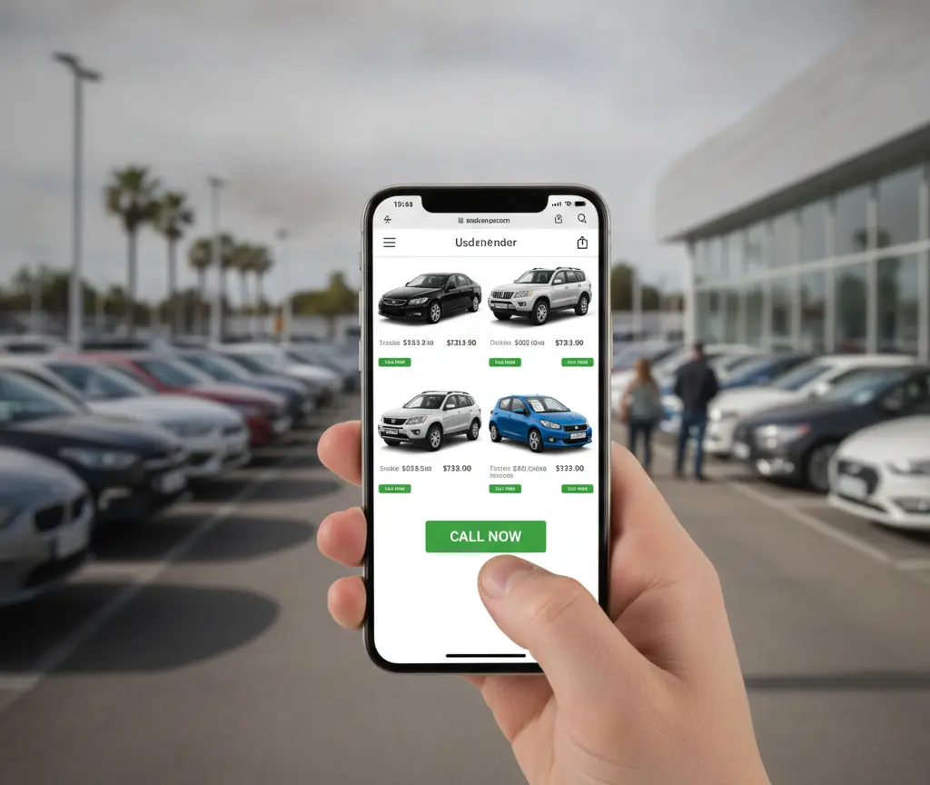 En Hand hebt es Smartphone mit Bilder vo Autos vor eme Parkplatz mit villne Autos.