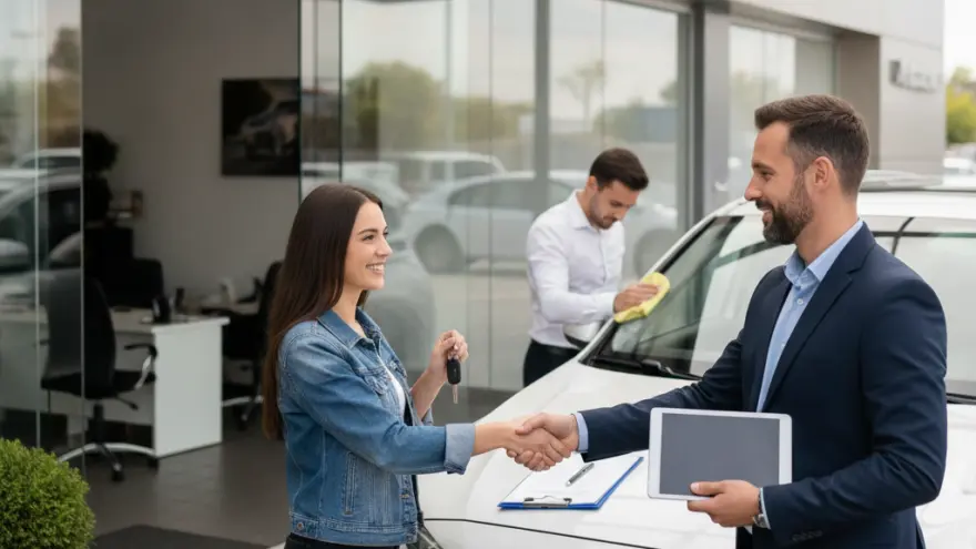 A smiling salesman in a suit shakes hands with a woman holding a car key in front of a white car at a dealership.