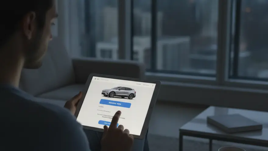A man sitting on a sofa in a high-rise apartment uses a tablet to view a car reservation page, with a city skyline visible through the window behind him.