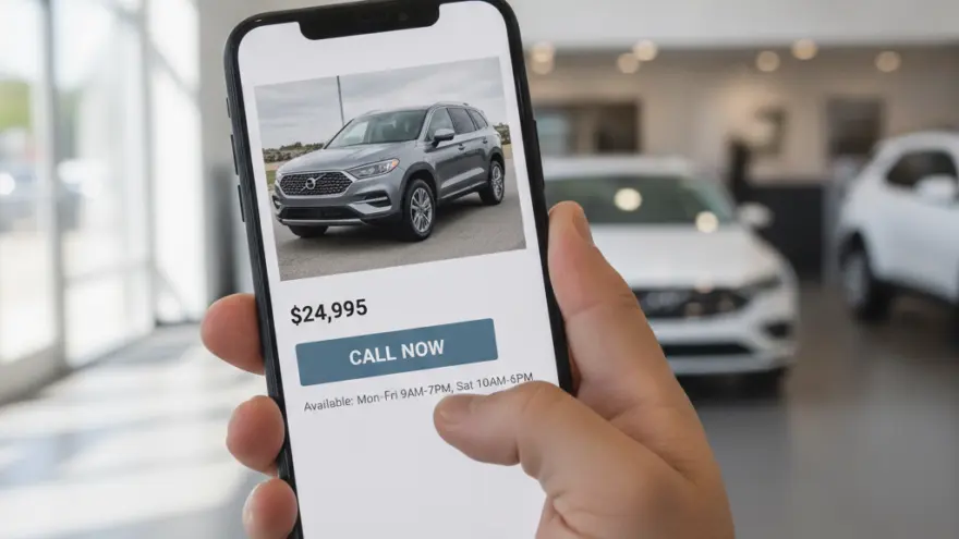 A person holds a smartphone displaying a grey SUV for sale inside a car dealership showroom.