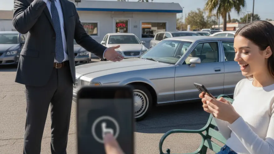 A man in a suit talks on his phone next to a silver car while a woman sits on a bench using her smartphone.