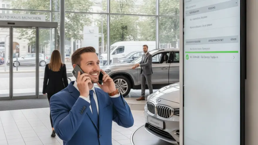 En Maa im blaue Azug telefoniert mit zwei Handys ineme Autohuus, während im Hintergrund anderi Lüt und Autos z'gseh sind.
