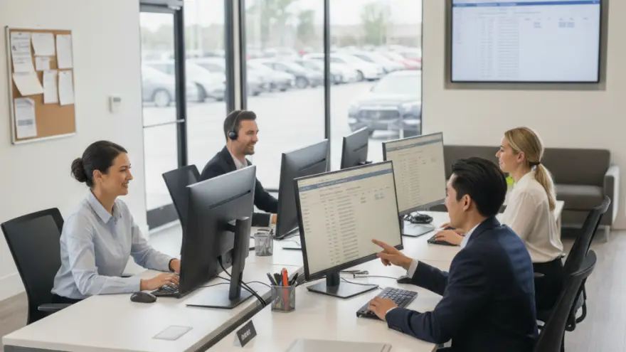 Four office workers sit at desks with computers in an open-plan office overlooking a car dealership lot.